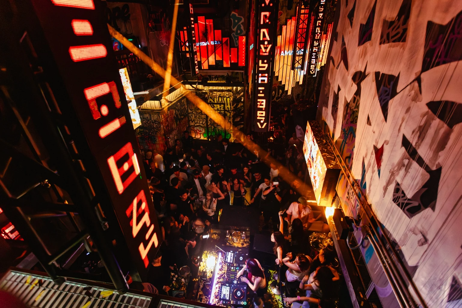 A view from above of the dance crowd and lights at Dope & Dirty